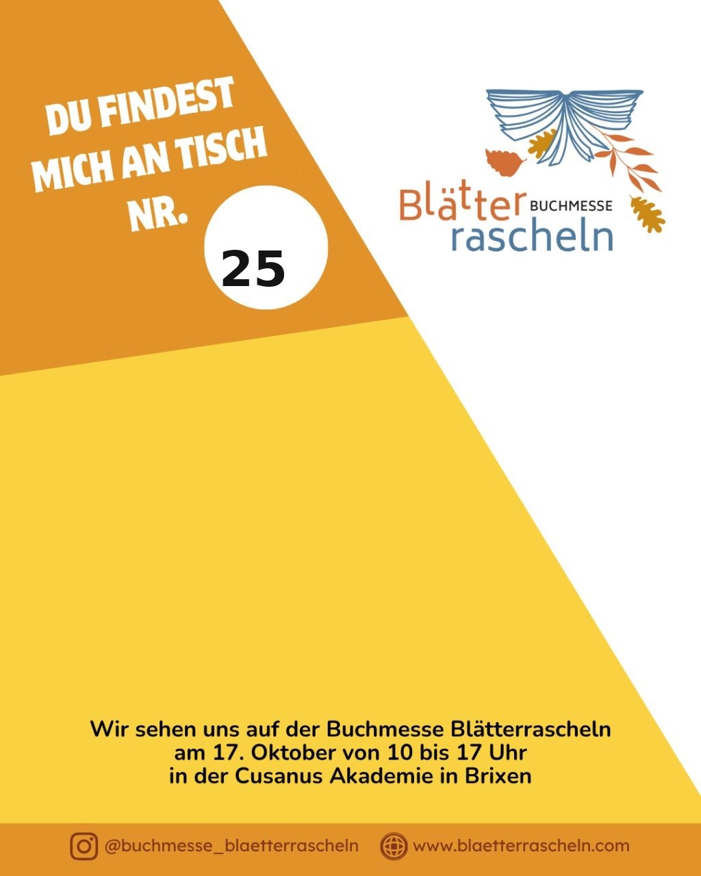 Buchmesse Blätterrascheln, Cusanus Akademie Brixen, 17. Oktober — Tisch Nr. 25