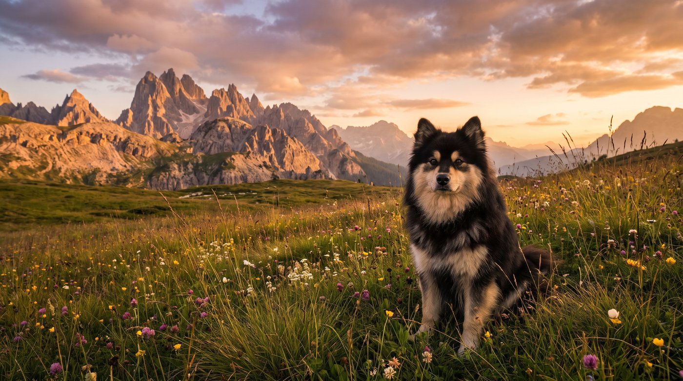 Sánná auf einer Blumenwiese in den Dolomiten
