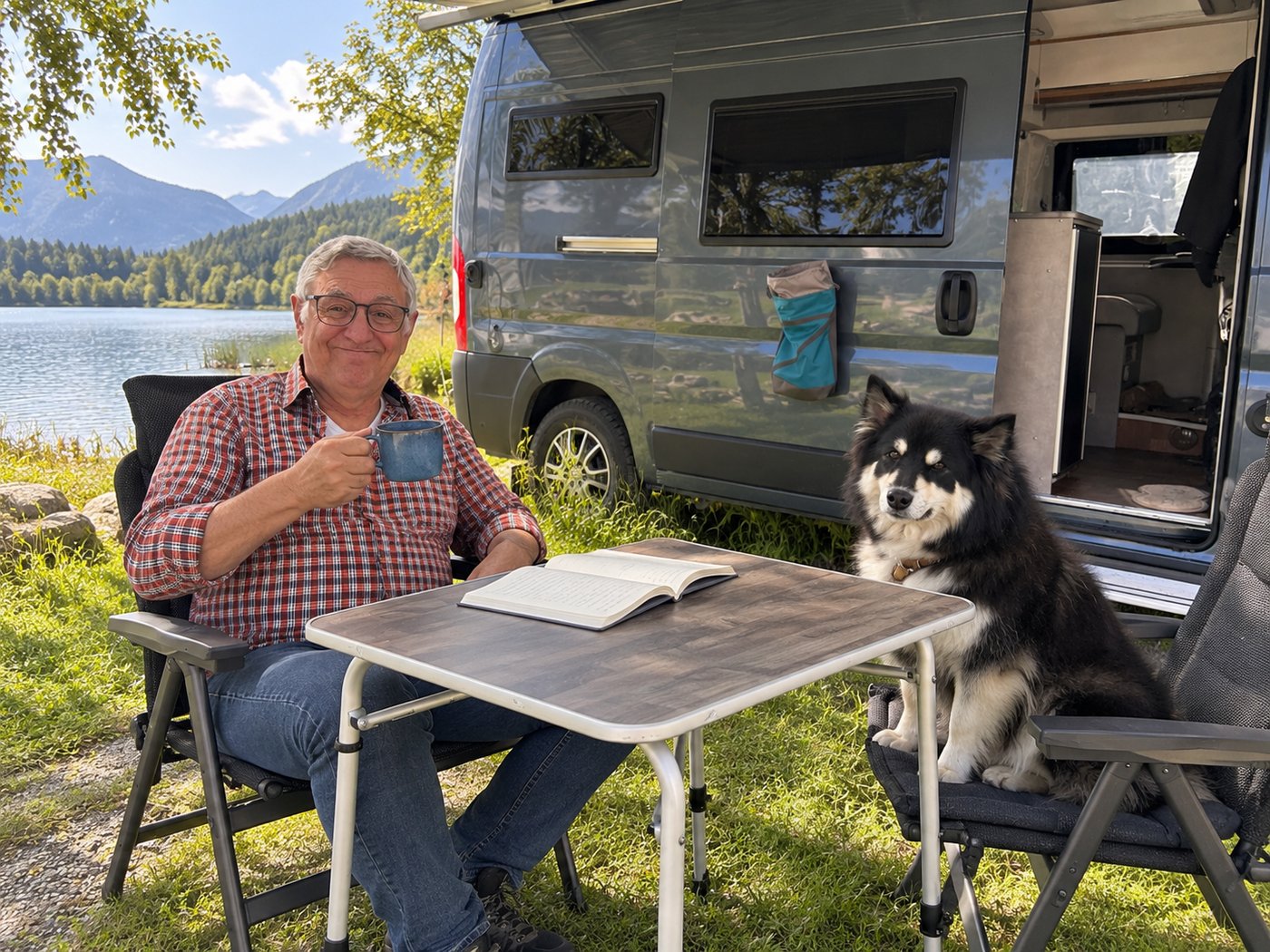 Walter und Sánná am Wohnmobil, See und Berge im Hintergrund